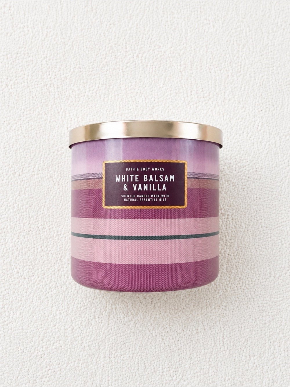 Bath & Body Works White Balsam & Vanilla scented candle.